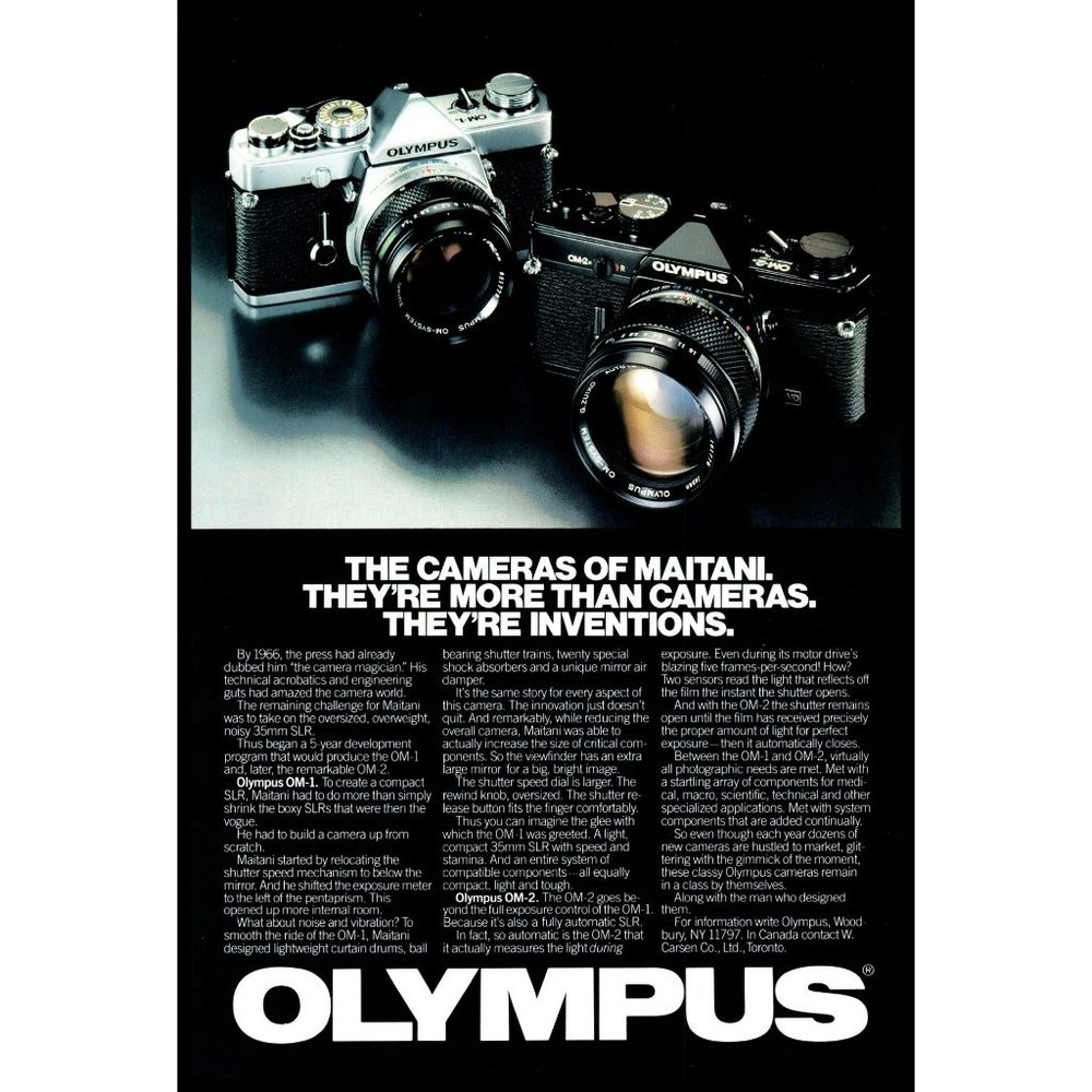 1980 Olympus SLR Camera OM-1 OM-2 Vintage Print Ad Maitani Film Photography Art